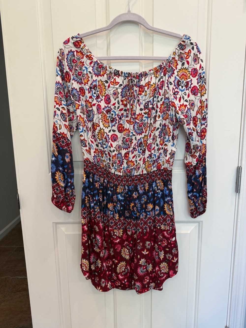 Green Dragon Floral Off-Shoulder Mini Dress in White, Red, Blue, Yellow